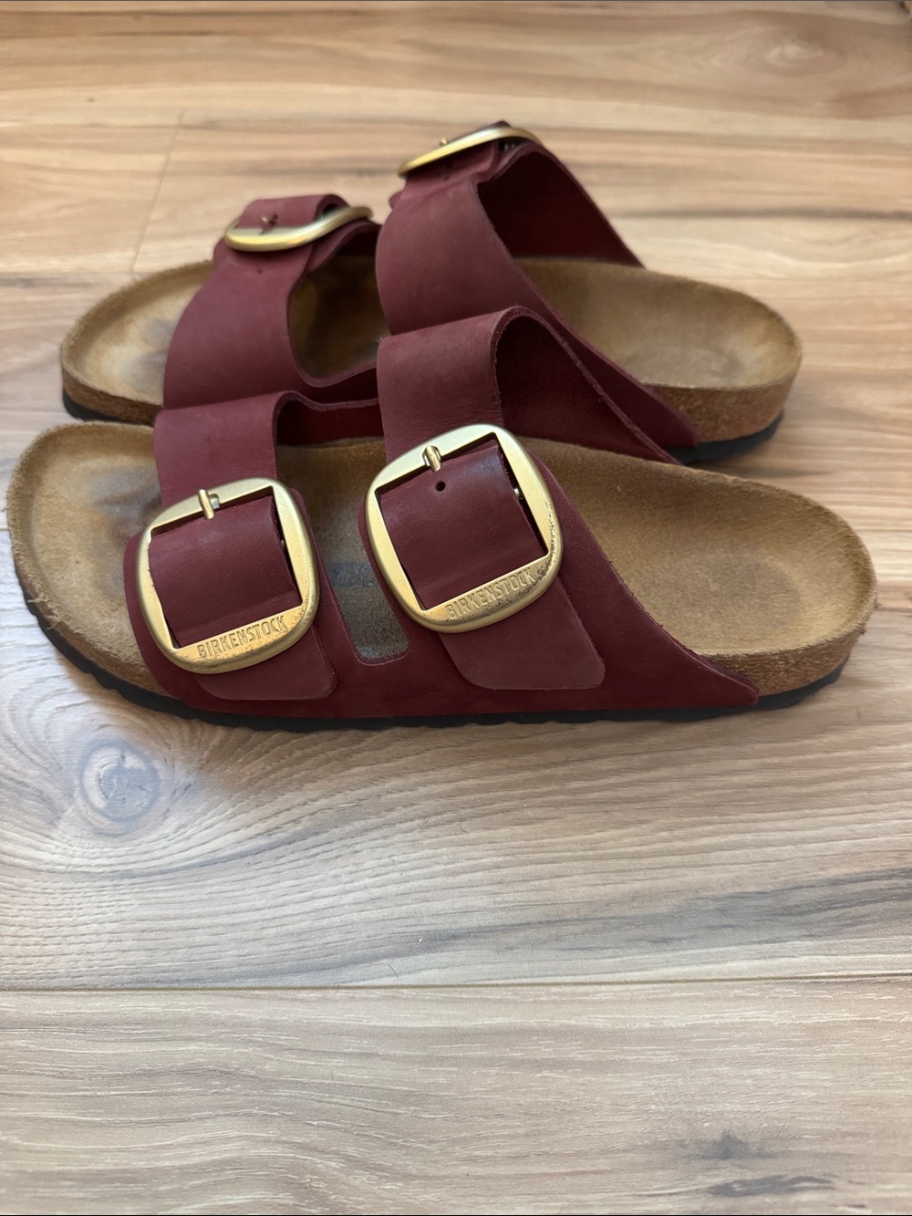 Birkenstock Double-Gold Buckles Women’s Burgundy Sandals - Picture 2 of 8